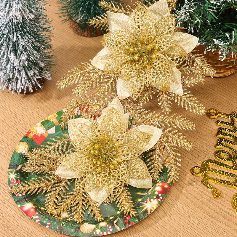 10/1x Рождественские Цветы Красный Золотой Серебряный DIY Гирлянды Блеск Искусственная Пуансеттия Цветочные Украшения для Рождественской Елки Вставляемая Ветка
