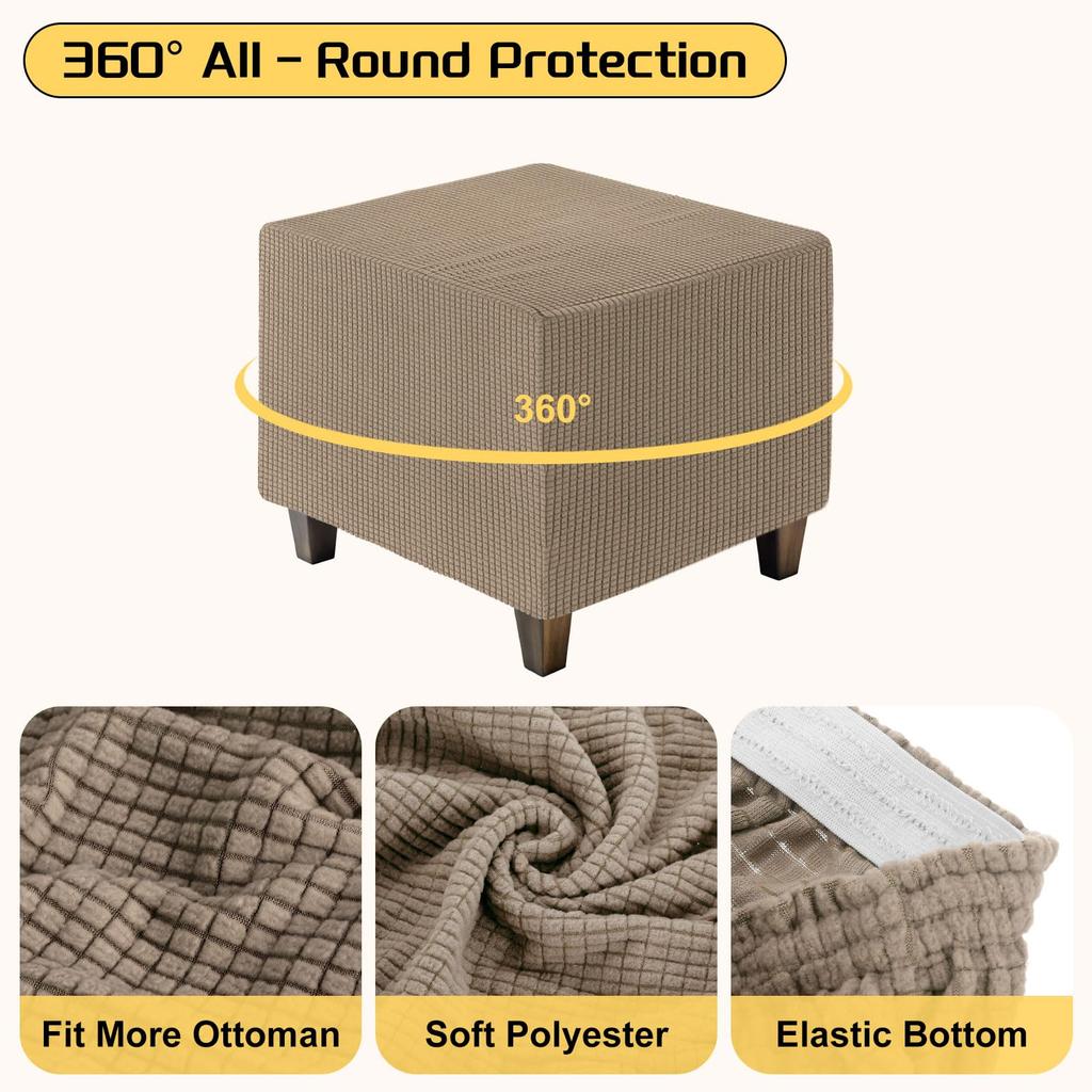 uxcell Square Jacquard Ottoman Slipcover with Elastic Stretch Footrest Stool Cover for Living Room Furniture Protector Large Bottom, (Light Coffee,