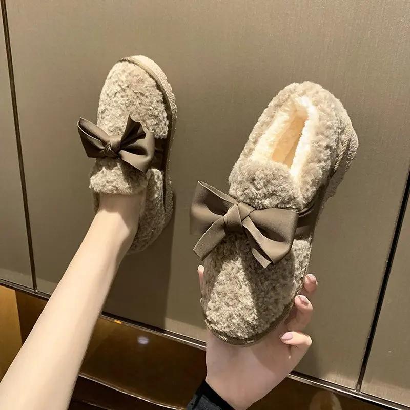 Fashion Women Moccasin Shoes Bow-Knot Slip-on Female Footwear Clogs Platform Loafers Fur Round Toe Casual Sneaker Winter Moccasins Butte