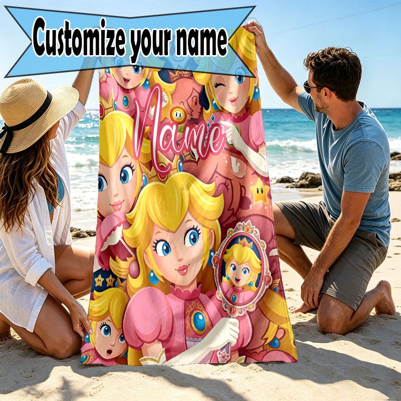 Custom Name Personalized Princess Peach Toadstool Print Beach Towel, for Trip Camping Beach Party Home Decor, Birthday Gift for Family & Friends