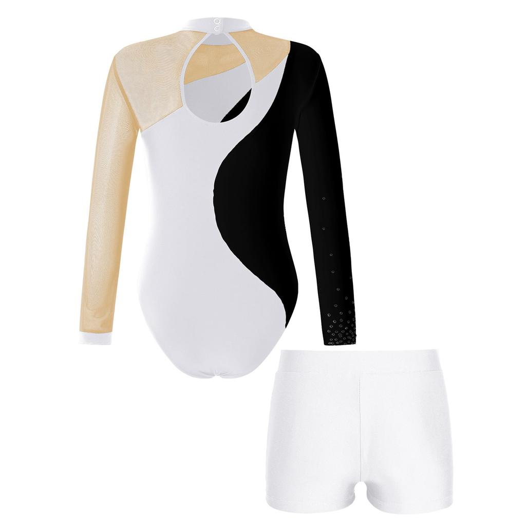 Детский костюм для фигурного катания на коньках для девочек, гимнастический костюм со стразами и открытой спиной, лоскутное трико с длинными рукавами и шортами