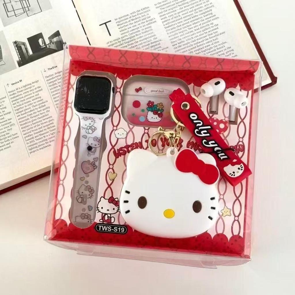 TWS-S19 Wireless Bluetooth Earphones with In-Ear Design, Cute Cartoon Storage Bag, and LED Watch Set