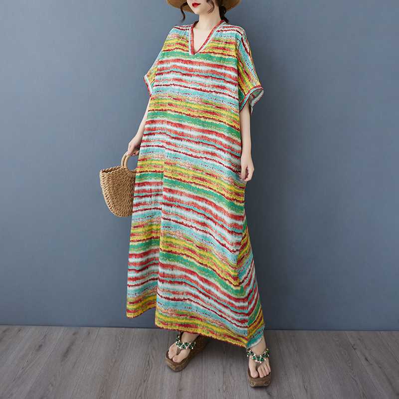 Ladies' V-neck Vintage Long Skirt Cotton Linen Dress
