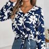 Женская блузка с V-образным вырезом и длинным рукавом, стильная рубашка с принтом для весенне-осеннего сезона