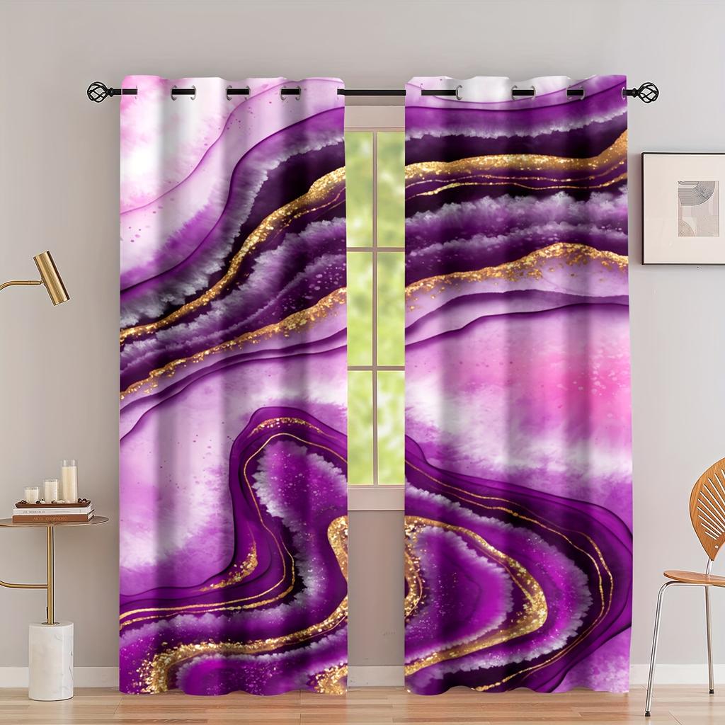 2panels Nordic Golden Leaf Marble Digital Printing Curtain Grommet Top Curtain Living Room Bedroom Kitchen Office Home Decor