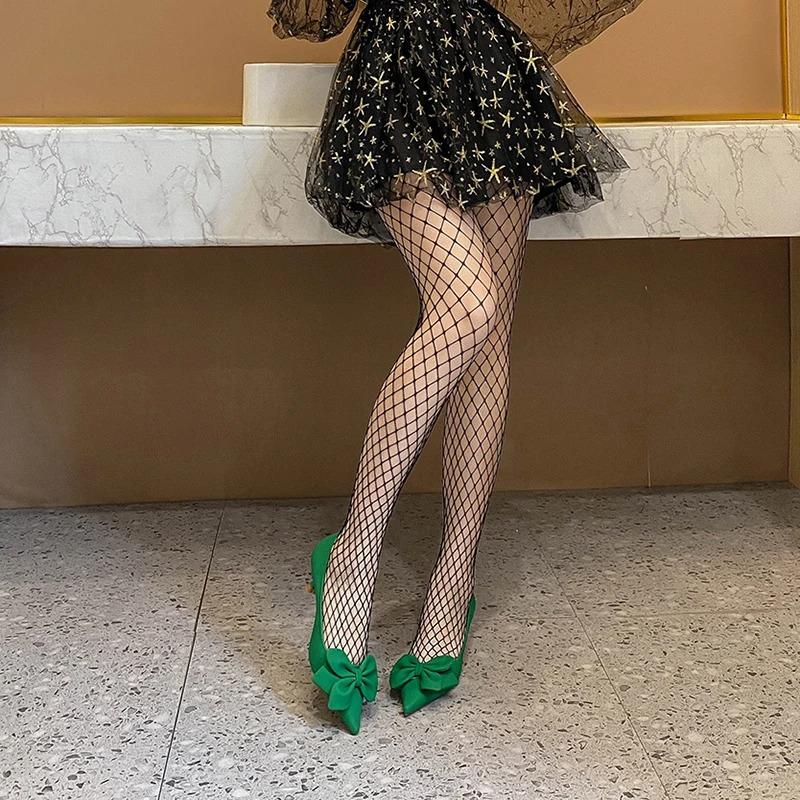 Fashion Green Bowknot Pumps Women Slip-On Soft Pu Leather High Heels Shoes Woman Sexy Pointed Toe Thin Heeled Party Ladies Shoes