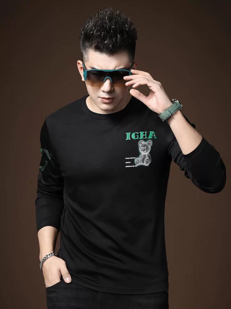 European Station 2025 New Trendy Brand Bear Print Long-Sleeve T-Shirt Men's Autumn Casual Round-Neck Base Shirt Tee
