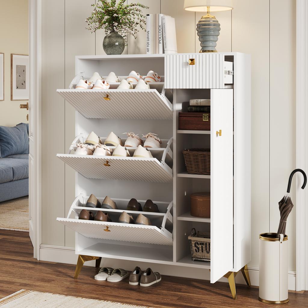 Shoe Cabinet with 3 Flaps, 1 Drawer and 1 Door, White Shoe Cabinet. Dimensions: H 121 cm / W 90 cm / D 25 cm (old SKU N657P19561518W)