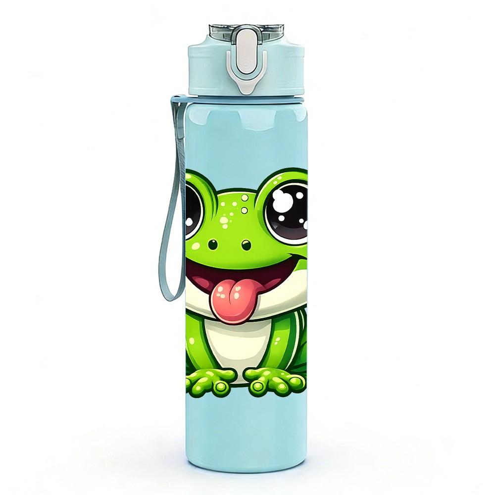 1PC Cute Smiling Green Frog Cartoon Print 750ml Color Plastic Sports Water Bottle Leakproof Flip Straw Lid Suitable for Sports Office Home Use
