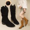Винтажные черные замшевые ковбойские сапоги для женщин на блочном каблуке, ботильоны женские, осень-зима, плиссированные, рыцарские сапоги женские