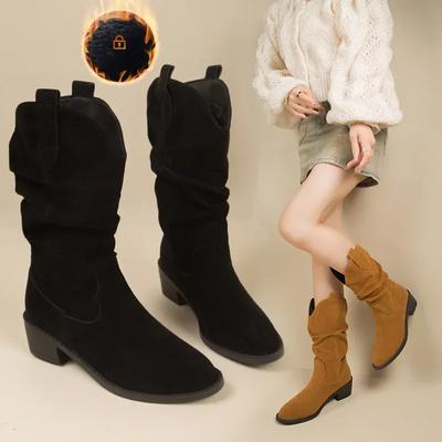 Винтажные черные замшевые ковбойские сапоги для женщин на блочном каблуке, ботильоны женские, осень-зима, плиссированные, рыцарские сапоги женские