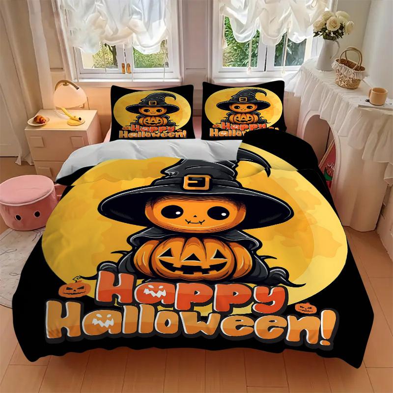 3pcs Happy Halloween With Cute Pumpkin Printed Quilt Set - Soft and Comfortable Quilt Cover for Bedroom, Guest Room and Dormitory Decorative Bedd