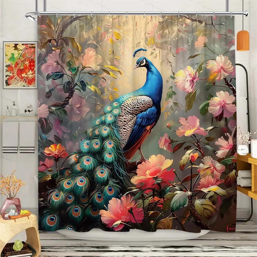 Peacock Shower Curtain Tropical Plant Flower Leaf Landscape Vintage Oil Painting Elegant Polyester Fabric Bathroom Decor Curtain