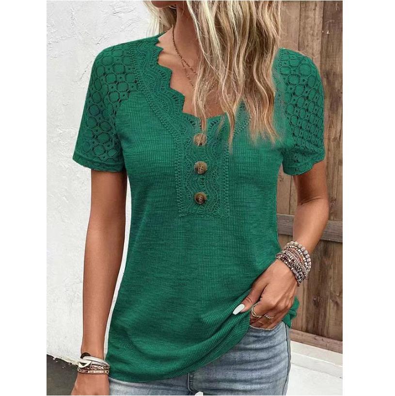 Лето 2023, футболки с v-образным вырезом, женская кружевная свободная футболка, повседневная однотонная футболка, удобная футболка с коротким рукавом 28315