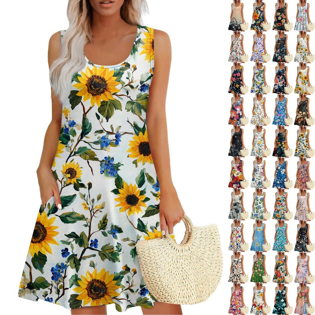 Женское повседневное платье-жилет с U-образным вырезом и цветочным принтом в стиле ретро с боковыми карманами