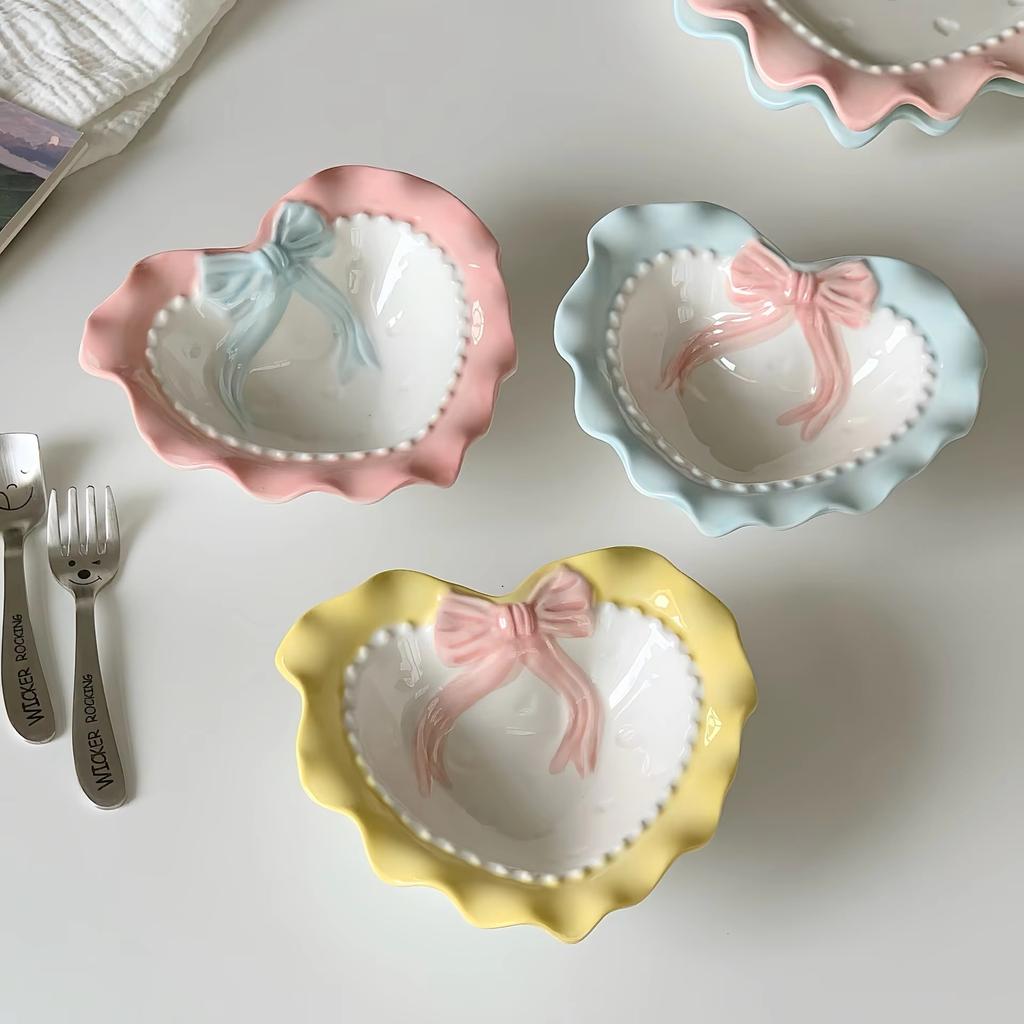 INS Style Korean Style Girl Heart Pink Ceramic Tableware Set Polka Dot Bow Cute Small Bowl Rice Bowl Deep Plates Cute Plates
