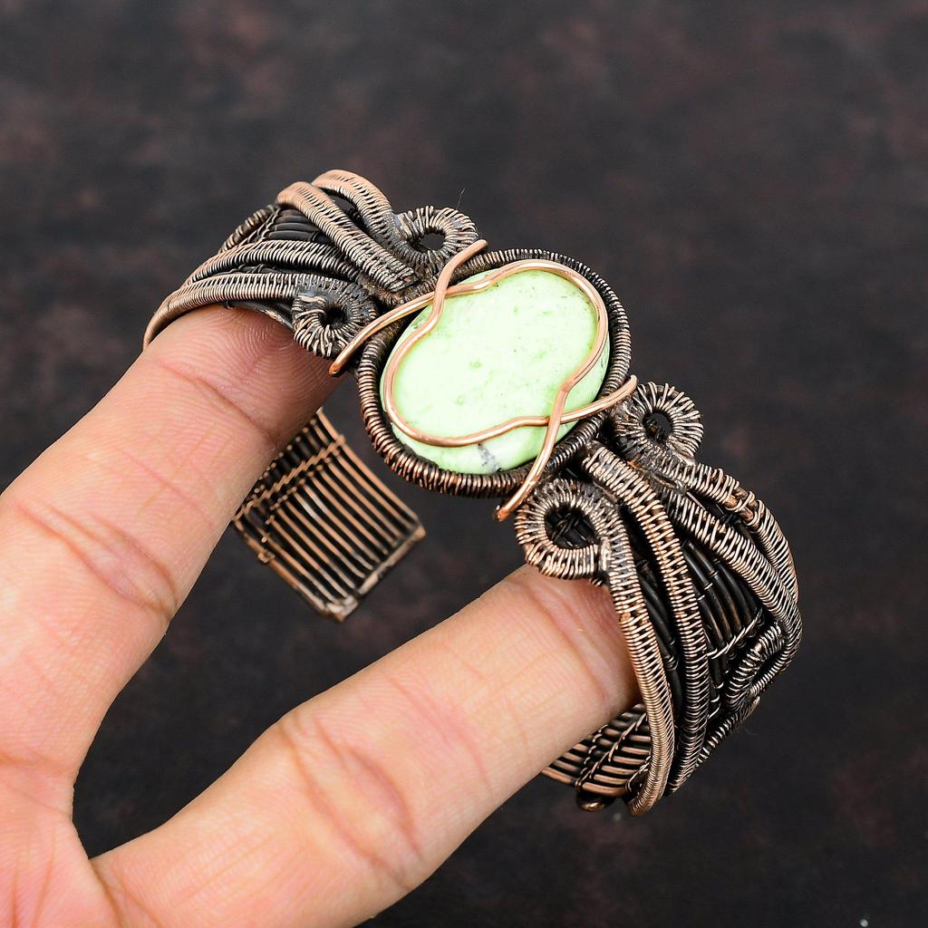 Браслет-манжета с лимонным хризопразом, медная проволока, регулируемый браслет, ювелирные изделия ручной работы, браслет с драгоценными камнями, медный браслет-манжета, подарок для нее