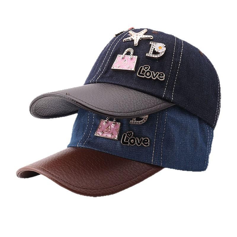 Baseball cap personalized metal decorative leather brim cap three-dimensional denim autumn creative cap