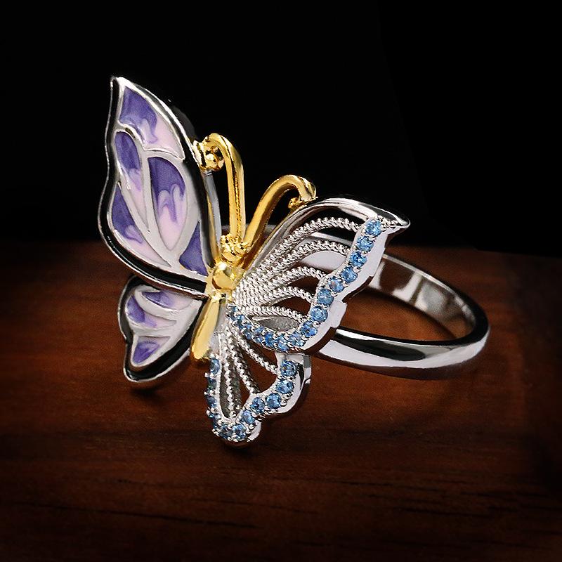 Luxury 925   Wedding Band Rings for Women Enamel Cute Elegant Butterfly Rings Blue Zircon Rings Party Jewelry Gift