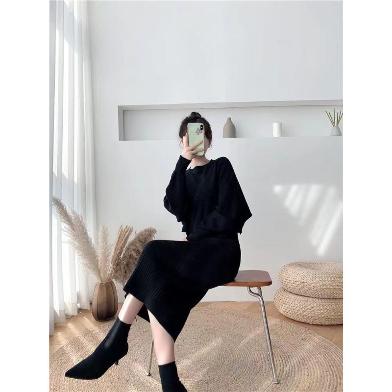 Модный короткий свободный свитер с круглым вырезом, осенне-зимний комплект из двух частей, женский эластичный облегающий комплект нижнего платья в длинных платьях