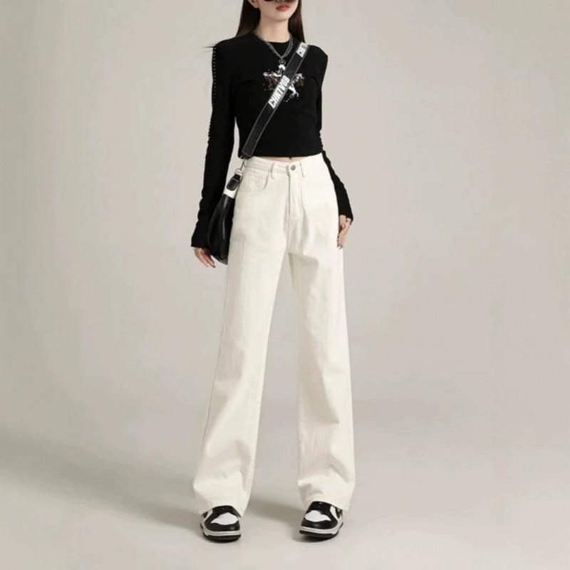 Womens White High-Waist Wide-Leg Straight Jeans 2026 Loose Fit Casual Trousers