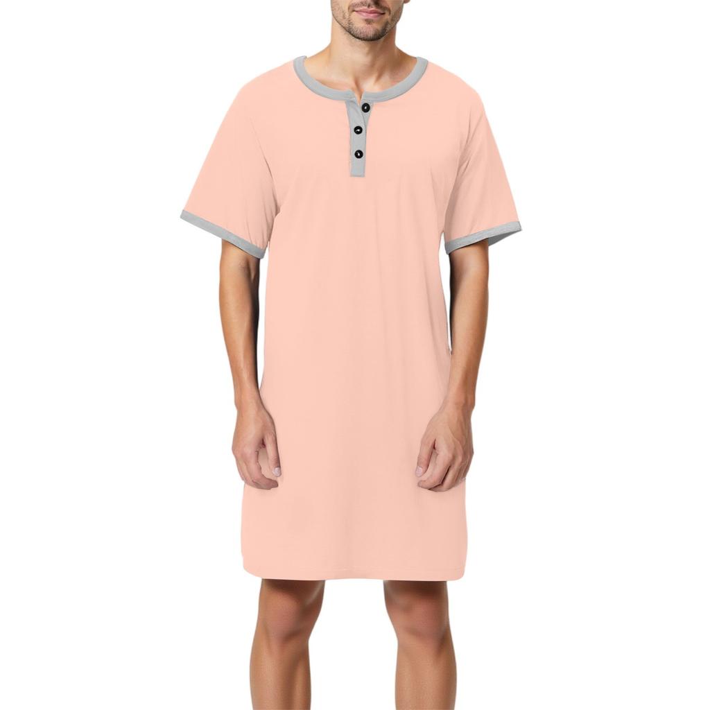 Мужская однотонная хлопковая пижама с коротким рукавом, рубашка на пуговицах с отложным воротником, длинная свободная пижама, домашняя одежда