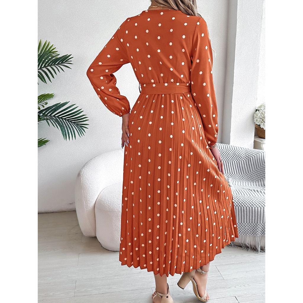 GMXIA Autumn and Winter Elegant Contrasting Polka Dot Cross V-neck Pleated Long Dress Women's Wear