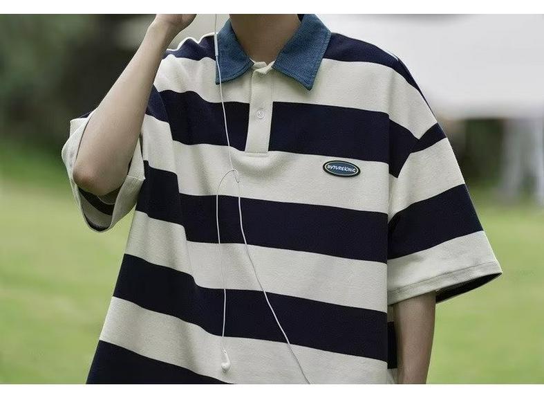 Унисекс американская ретро полоскатая футболка-поло - летняя свободная посадка, студенческий стиль, короткий рукав для модных пар