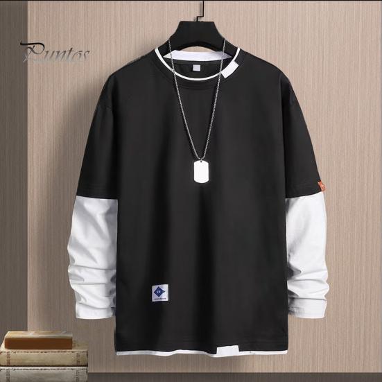 Long Sleeves Men Spring T-shirt Fake Two-piece Round Neck Loose Pullover Fall Top Keep Warm Contrast Color Friendly to Skin Clothes