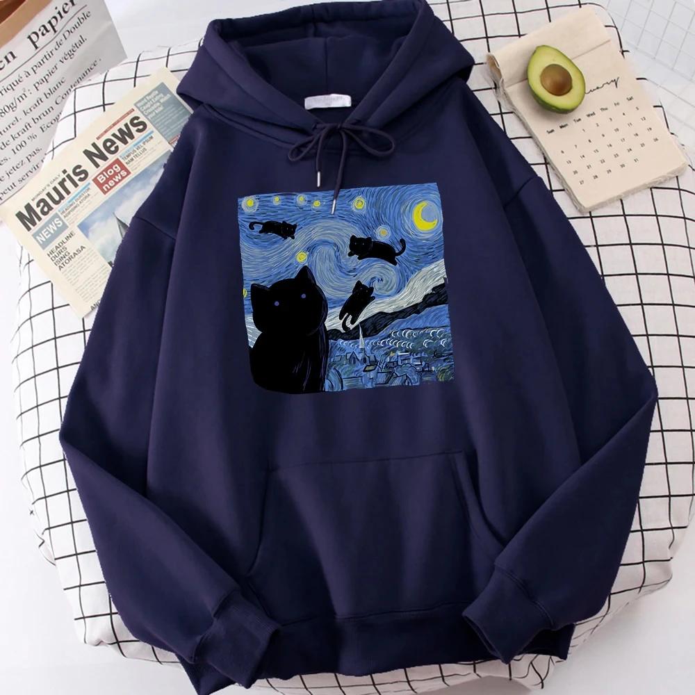 2025  The Starry Cat Night Printing Hoodies Men Autumn Oversize Hoodie Fashion Fleece Sweatshirts Casual S-Xxl Pullover Tops