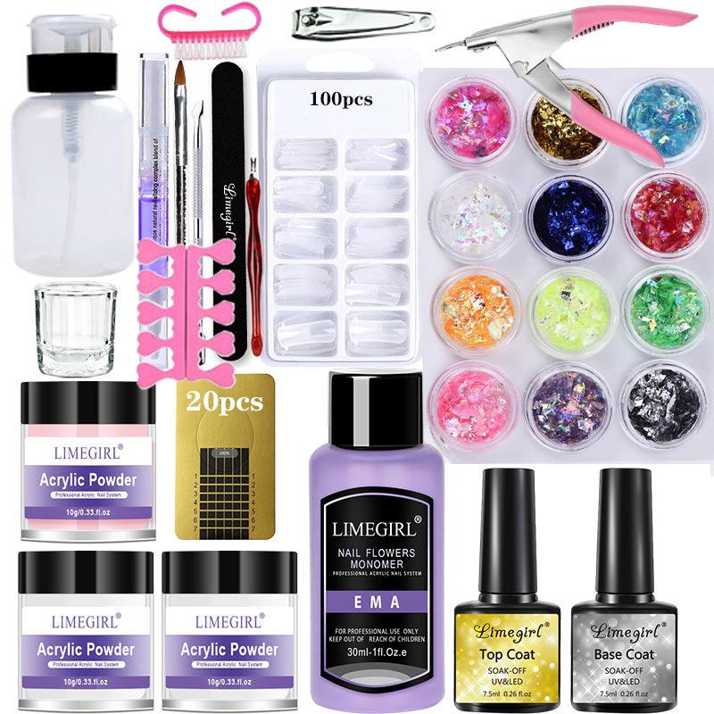 Acrylic Powder Nail Art Kit Full Set 42 Colors Glitter Nail Clipper Tool Home Manicure Set