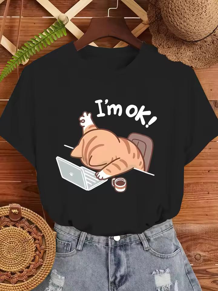 Women's Cute "I'm OK" Cat Graphic T-Shirt Casual Round Neck Short Sleeve Tee Fashion Harajuku Kawaii T-shirt Y2K Clothing