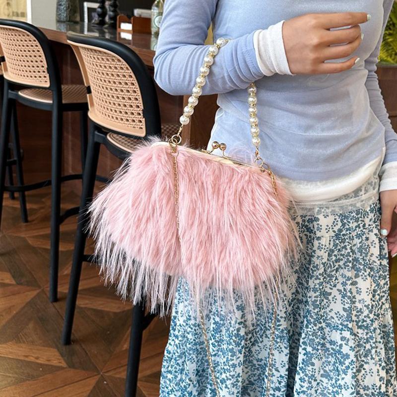 Furry Crossbody Bag with Pearl Handle Fashion Chain Plush Shoulder Bags for Women Soft Faux Fur Evening Party Purse
