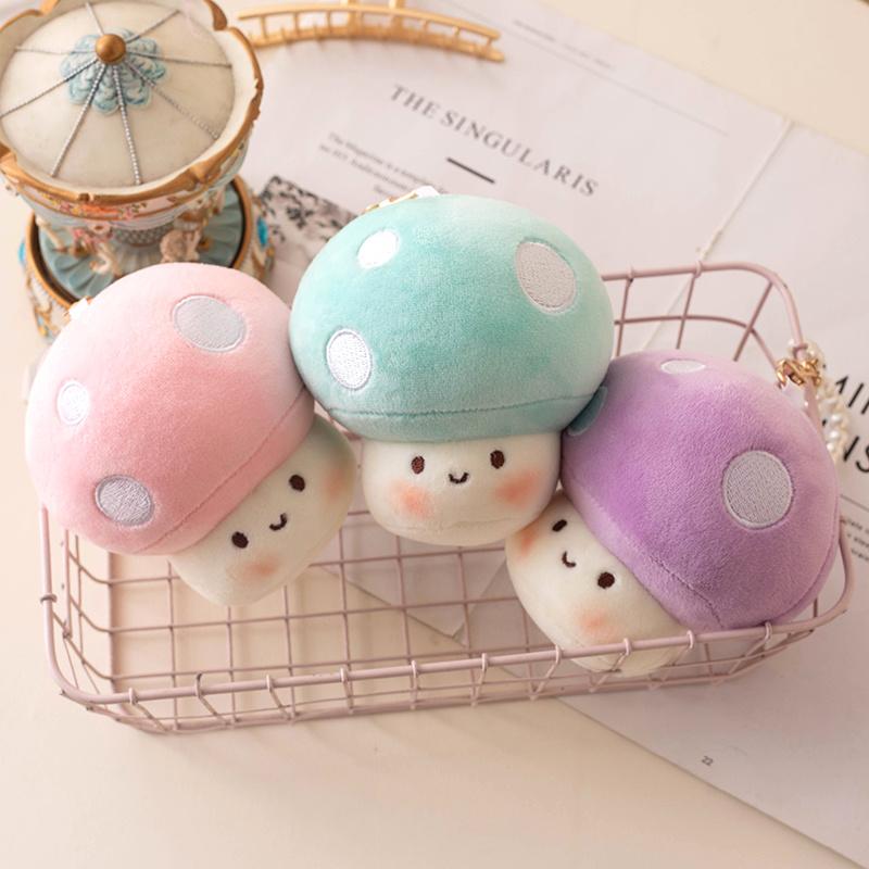 10Cm Cute Mushroom Plush Pendant Stuffed Soft Colorful Plant Emotion Face Pearls Chain Keyring Fashion Accessory Gift