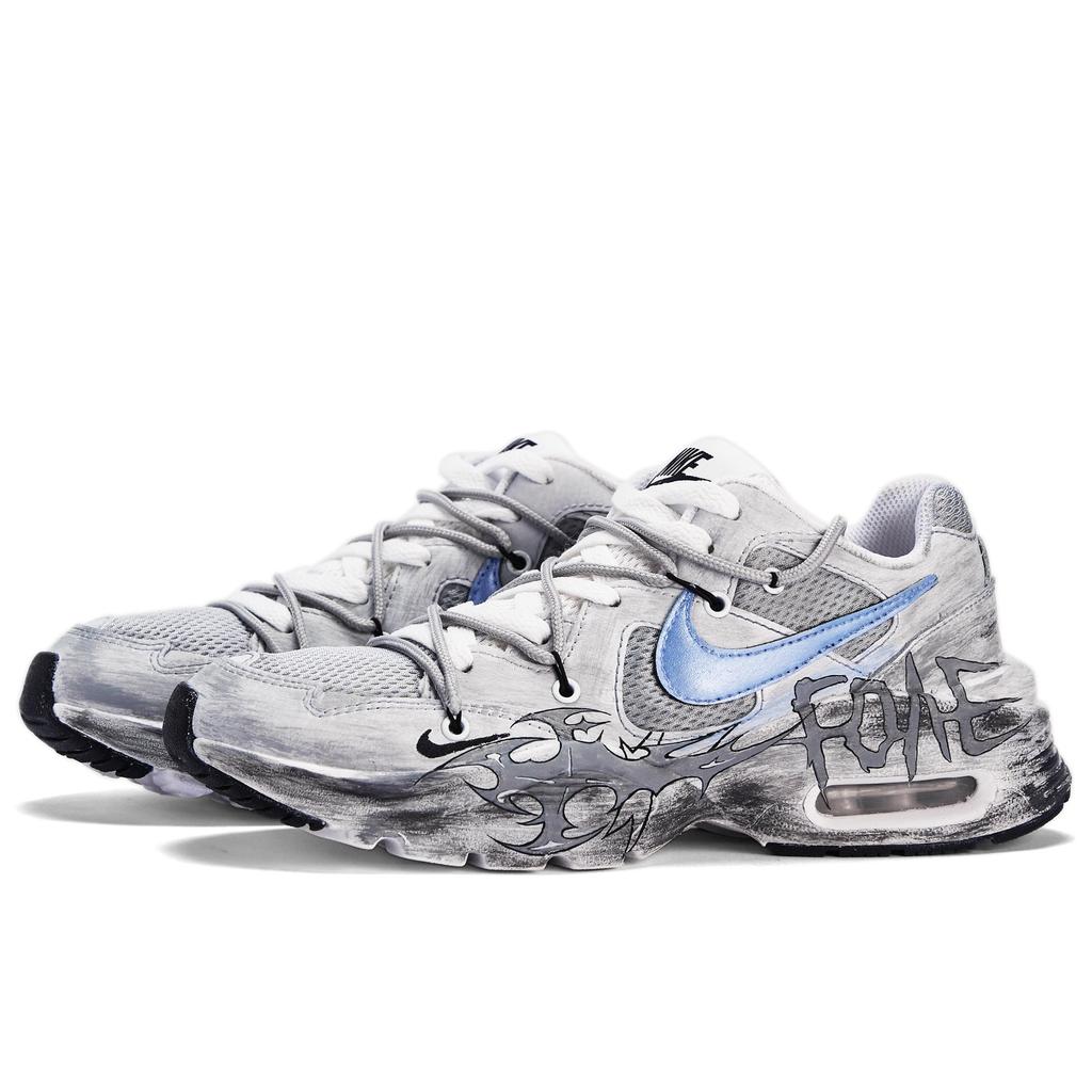 Nike Air Max Fusion Da Vinci Custom, Royal Blue Leather Lightweight Low top Casual Shoes Women's Silver Gray CJ1671-100(TeamM-)