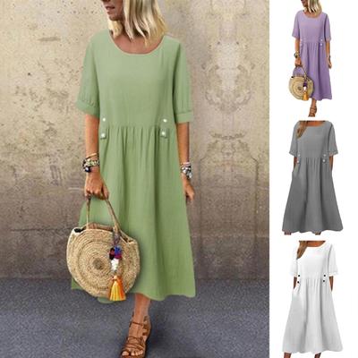 Дышащее платье с коротким рукавом и круглым вырезом, свободная юбка средней длины, размер плюс