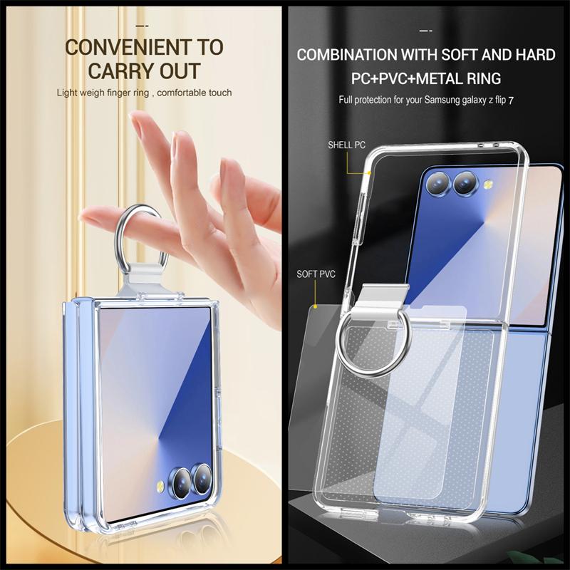 Роскошный чехол с кольцом-держателем для Samsung Galaxy Z Flip 7 6 5 4 3 ZFlip7 ZFlip6 Пряжка для пальца Однотонный Матовый Ударопрочный ПК-чехол