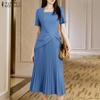 Women Casual Square Collar Short Sleeve Patchwork Pleated Dress