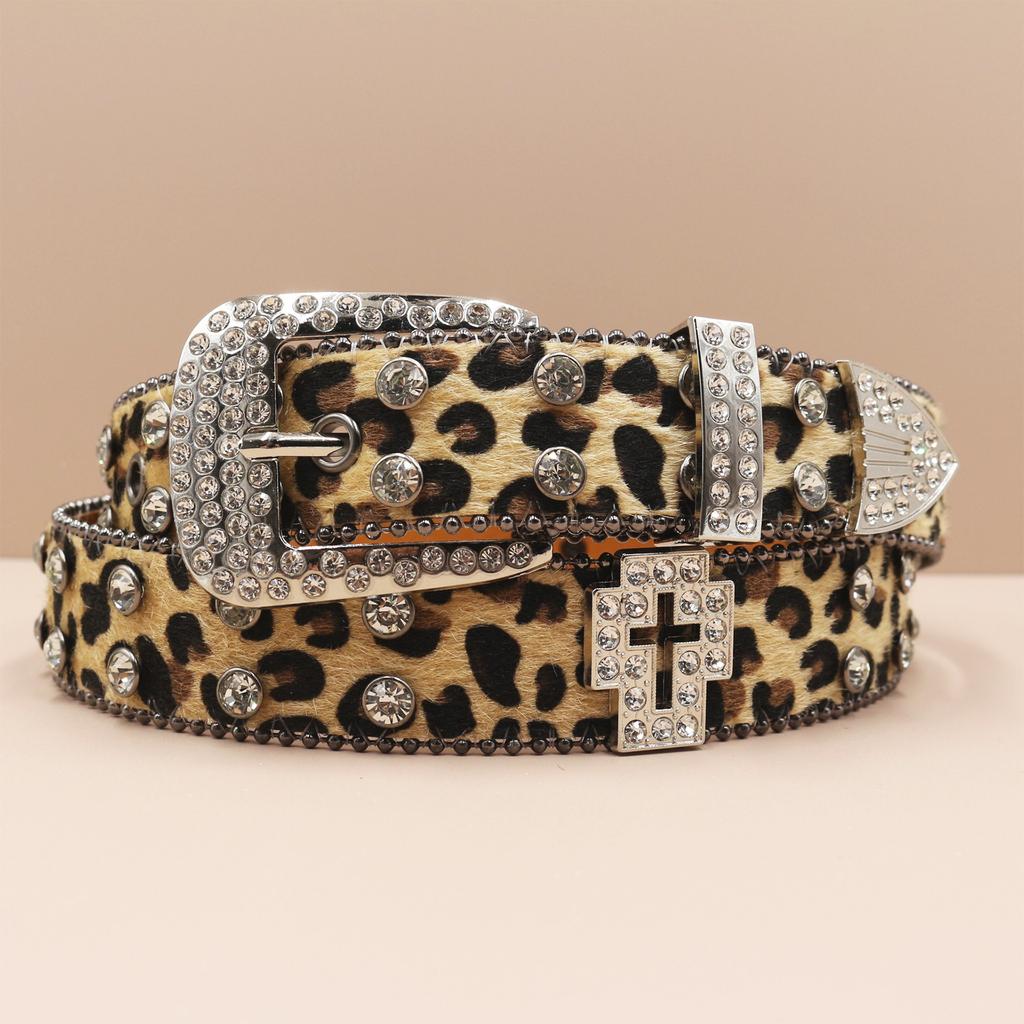 Cross Belt Leopard Print Western Rhinestone Belt Personalized Denim Woman Rivet Jeans Belt