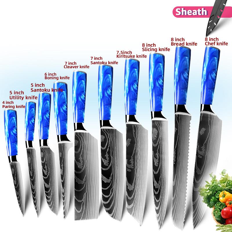 10 шт. набор ножей из нержавеющей стали, синяя ручка из смолы, нож шеф-повара, кухонный нож, японский нож, нож для очистки