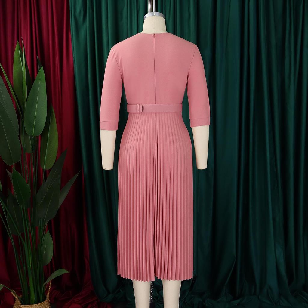 L51 Women's Suit Collar Tie-Waist Pleated African Dress