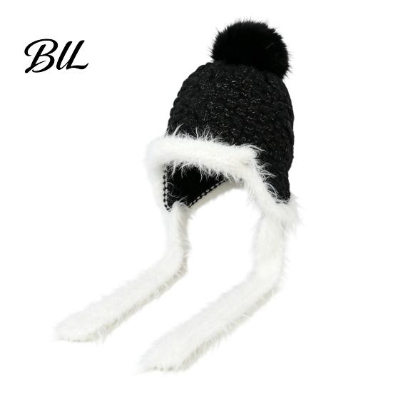 Thick Plush Edge Winter Hat Women Knitted Earflap Hat, Fuzzy Trim Pompom Soft Warm Fluffy Pom Knit for Outdoor Cycling, Cold Weather Daily Wear