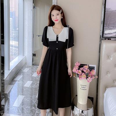 French retro tea break Hepburn style A-shaped skirt for women's summer new temperament waist and thin small black dress