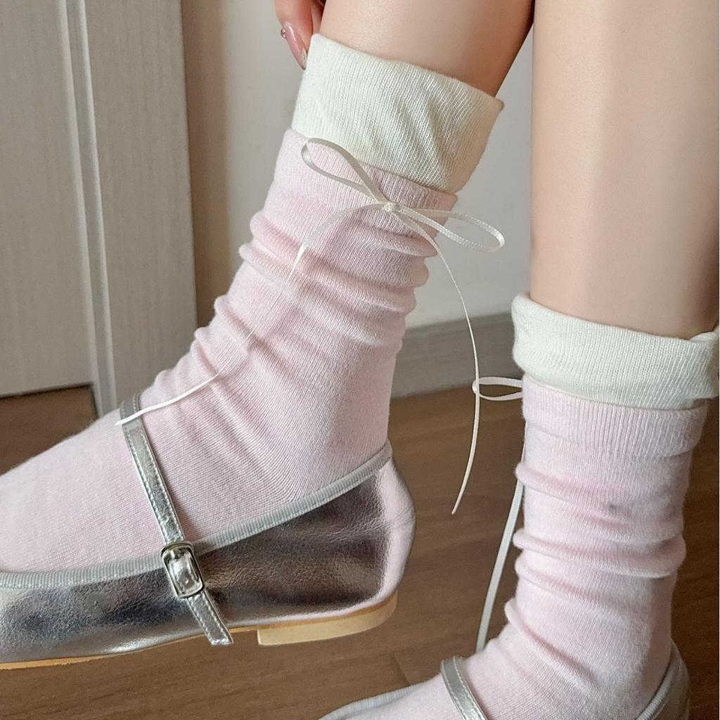 Stacked socks children's bud medium tube women's socks bow cute small white leather shoes medium long socks