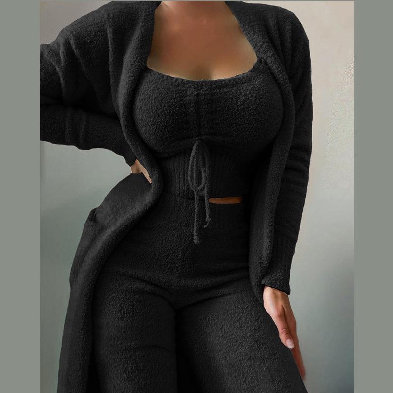 Женский флисовый комплект из 3 предметов, укороченная майка на тонких бретельках, широкие длинные брюки, пушистое кимоно, уютный пижамный комплект, женский брючный костюм