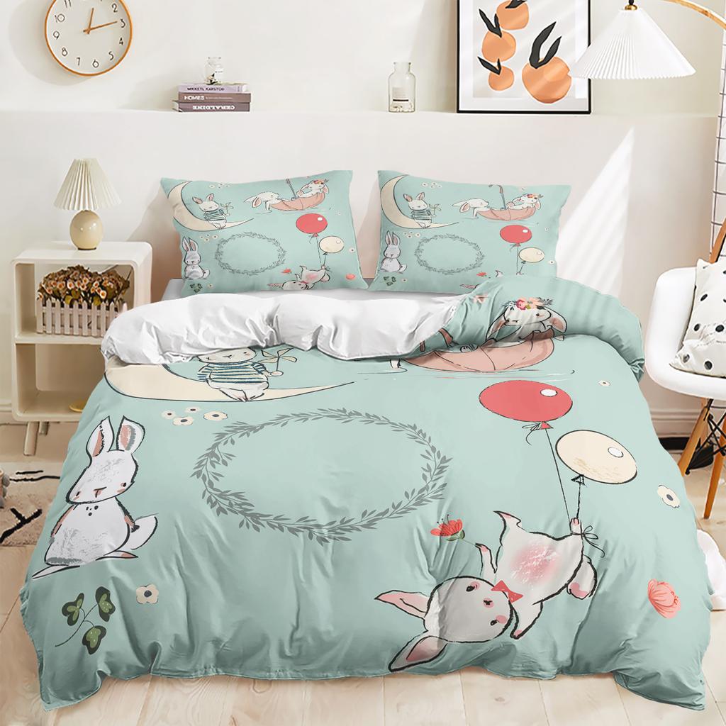 3D Printed Rabbit Bedding Set Cute Animal Down Duvet Cover Pillowcase 2/3 Pieces AU/EU/DE Full Size Soft Home Textile Easter Quilt Cover