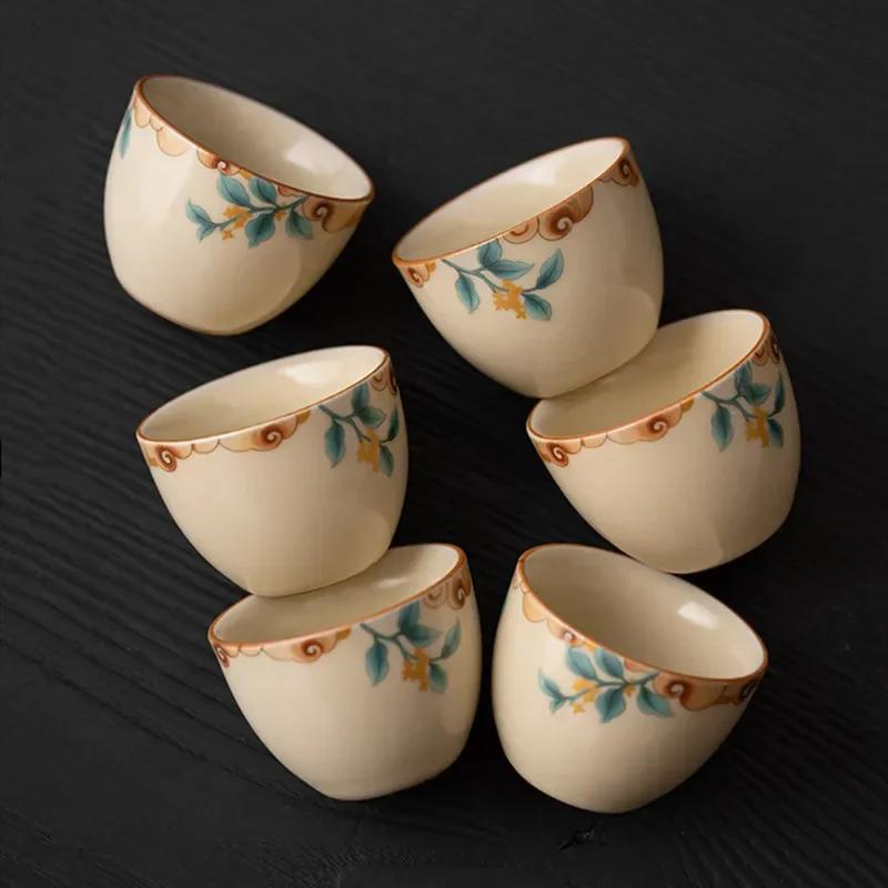 1 шт. Китайская традиция Печь Жу kiln Чашка для чая Ручная роспись Узор из листьев Керамическая пиала для чая Бытовая посуда для чая Ручная работа Чашка для чая 50 мл