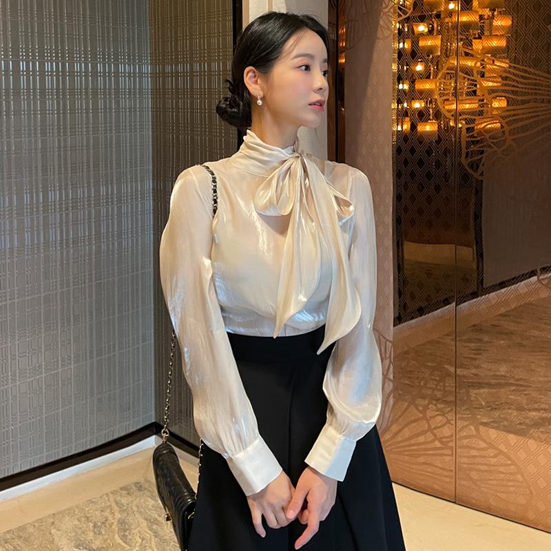 Korean Fashion Ribbon Satin Bow Tie Collar Women Shirt Spring Autumn Long Sleeved Top Office Elegant Loose Casual Simple Blouse Female Clothes 3143