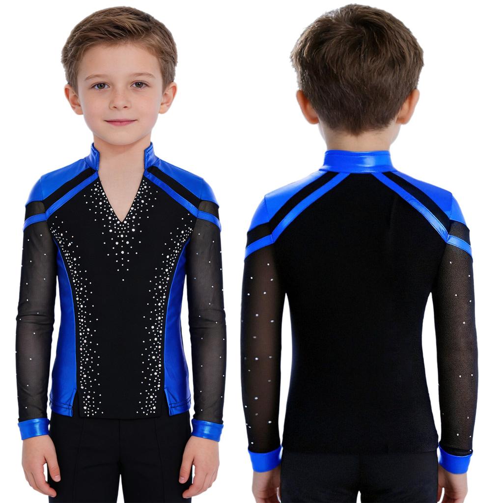 Boys Skating Performance Top: V-Neck Long Sleeve Rhinestone Color Block with Split Hem for Competition Costume