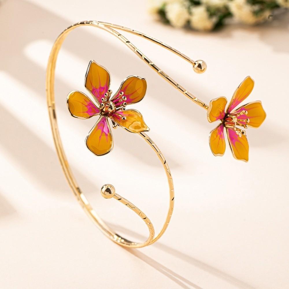 Adjustable Open Cuff Bracelets Enamel Drop Flower Floral Bangle Vintage Armlet
